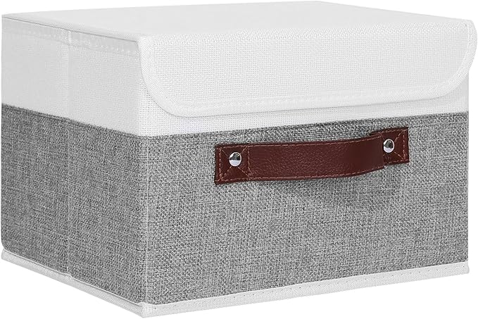 ANMINY Storage Boxes with Lids Washable Decorative Storage Bins Basket with PU Leather Handle Foldable Linen Fabric Storage Cubes Containers for Home Closet Organizer - Gray White, Small Size-NeatNest