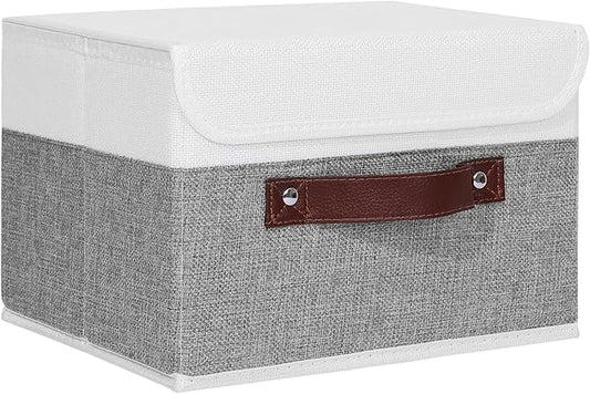 ANMINY Storage Boxes with Lids Washable Decorative Storage Bins Basket with PU Leather Handle Foldable Linen Fabric Storage Cubes Containers for Home Closet Organizer - Gray White, Small Size-NeatNest