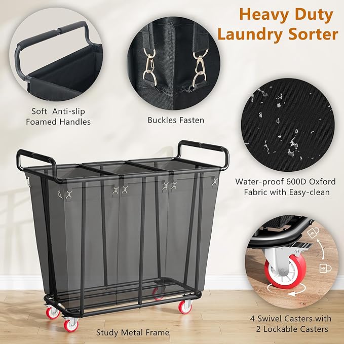Large laundry hamper with Wheels, 360L 3 Bag Big Rolling Laundry Hamper Sorter Cart, Extra Large Laundry Clothes Hamper, Heavy Duty Laundry Basket Organizer for Laundry Room,Bathroom,Black