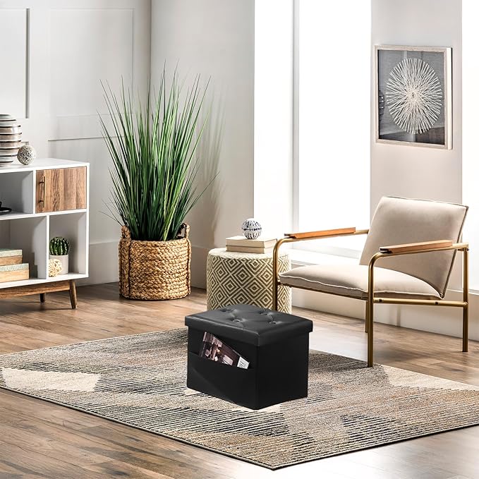 AmasSmile Storage Ottoman Folding Foot Rest Stool, Leather Footstool Bench, Short Ottoman Stool, Storage Foot Rest Store, Books (Side Pocket Black, 17" D x 13" W x 13" H)-NeatNest