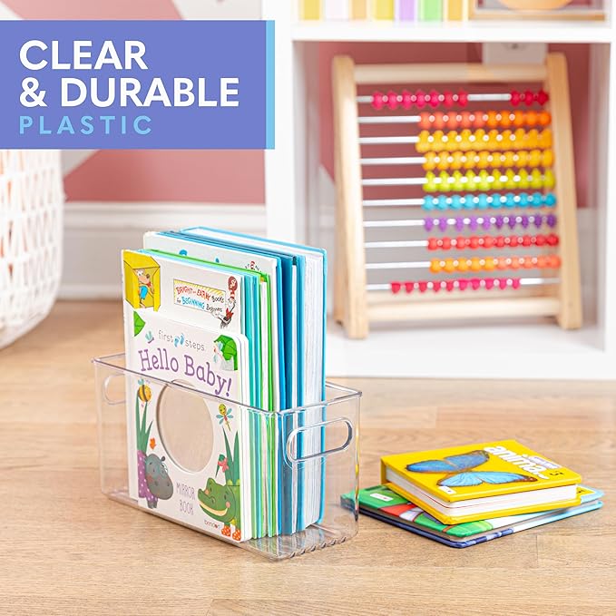 Clear Plastic 4 Pack Storage Container Bin with Integrated Easy Grip Handles. For Kitchen, Fridge, Freezer, Cabinet, Pantry, Bathroom Organization. 10"x4"x5"-NeatNest