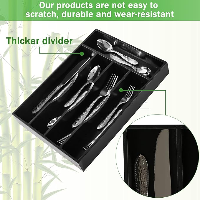 Greenual Black Silverware Organizer 10 In Utensil Organizer Silverware Tray for Drawer Cutlery Flatware Organizer for Kitchen Bamboo Wood-NeatNest