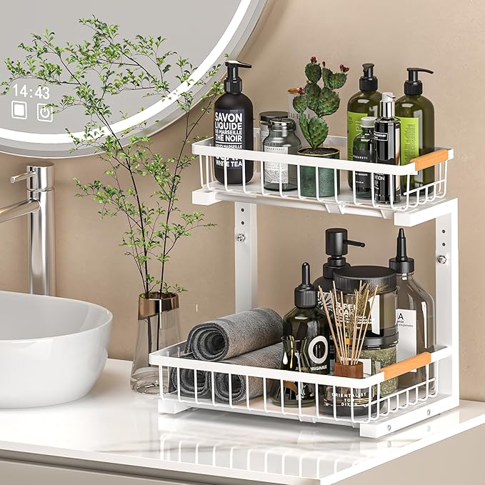 Under Sink Organizer Storage 1 pack, 2 Tier Slide Out Height Adjustable Pull Out Cabinet Organizer Drawers, Kitchen Bathroom Large Capacity Metal Under Sink Rack Caddy Basket Shelves, White-NeatNest