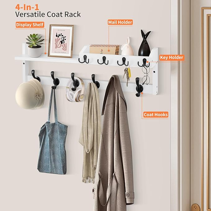 Coat Rack Wall Mount with Shelf, 27.5" Entryway Wall Hanging Shelf, Coat and Key Hanger with 10 Dual Hooks, Mail Organizer and Key Holder Hat Rack for Wall, Wood Coat Hooks with Storage-NeatNest