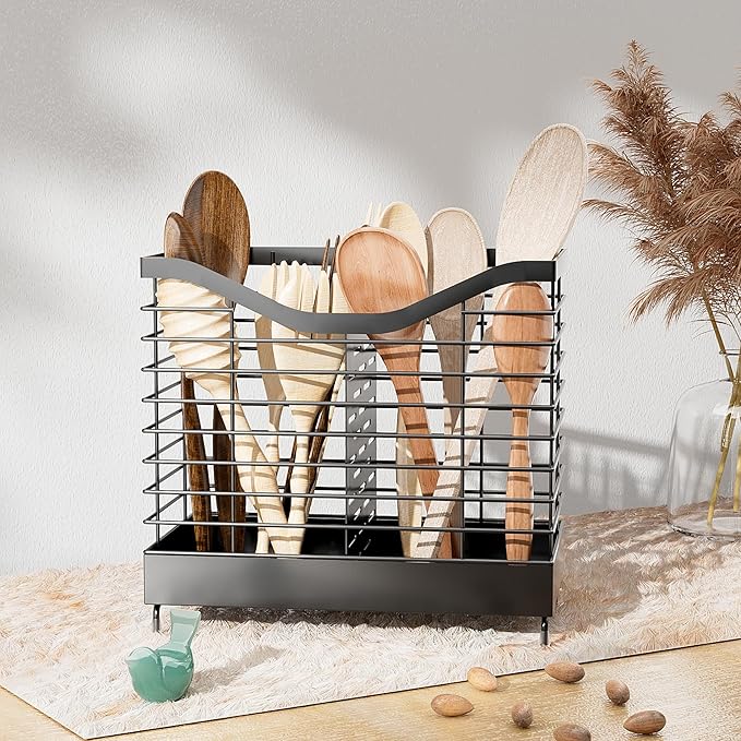 2 Grids Utensil Holder for Kitchen Counter - 7.9" x 4.3" x 7.5", Kitchen Utensil Racks, Spoon Holder, Kitchen Utensil Organizer for countertop, Black-NeatNest
