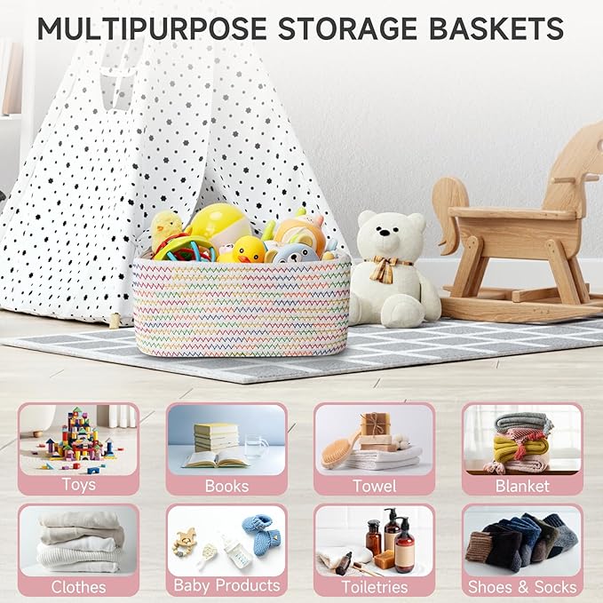 3-Pcs Shelf Baskets for Organizing, Closet Organizer Bins, Small Woven Baskets, Rope Toy Basket, Storage Basket for Shelves, Cube Decorative Box, 11.5×7.5×4.7”, Rainbow-NeatNest