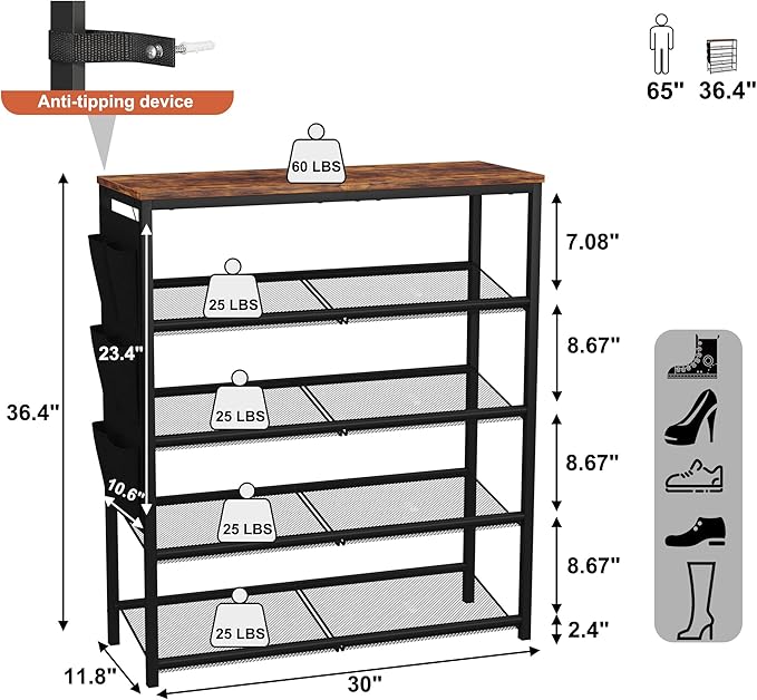 HOMEFORT 5 Tiers Shoe Rack for Entryway,30" Shoe Storage Shelf for Closet, Shoe Organizer with Adjustable Mesh Shelves, for 15-20 Pairs of Shoes, Industrial Shoe Stand with Side Pocket, Rustic Brown