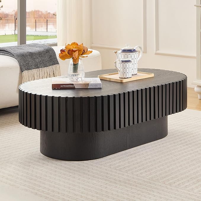 KEVINSPACE Oval Coffee Table 43.7" Wood CoffeeTable for Living Room Drum ModernCoffeeTable TeaTable Wooden Coffee Tables PedestalCoffeeTable Home Furniture Office Apartment Black
