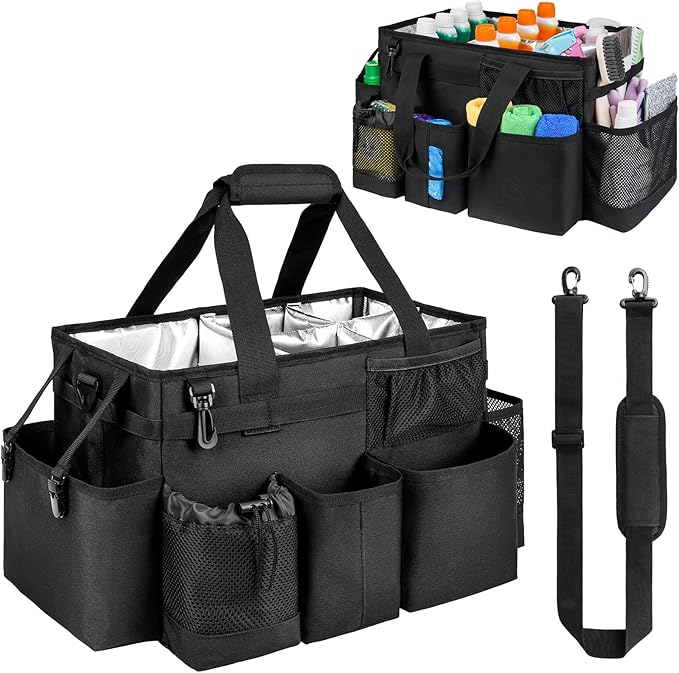 Cleaning Caddy Bag, Large Cleaning Supplies Organizer for Housekeepers, Housekeeping Caddy with Handle and Detachable Padded Cushion, Black-NeatNest