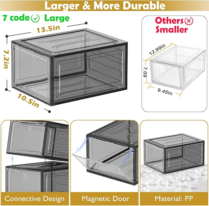 12 Pack Clear Shoe Storage Organizer with Magnetic Door, Stackable Plastic Shoe Boxes for Sneakers, Boots, and Heels, Space-Saving Foldable Shoe Rack for Closet, Durable Shoe Cabinet Organizer, Black-NeatNest