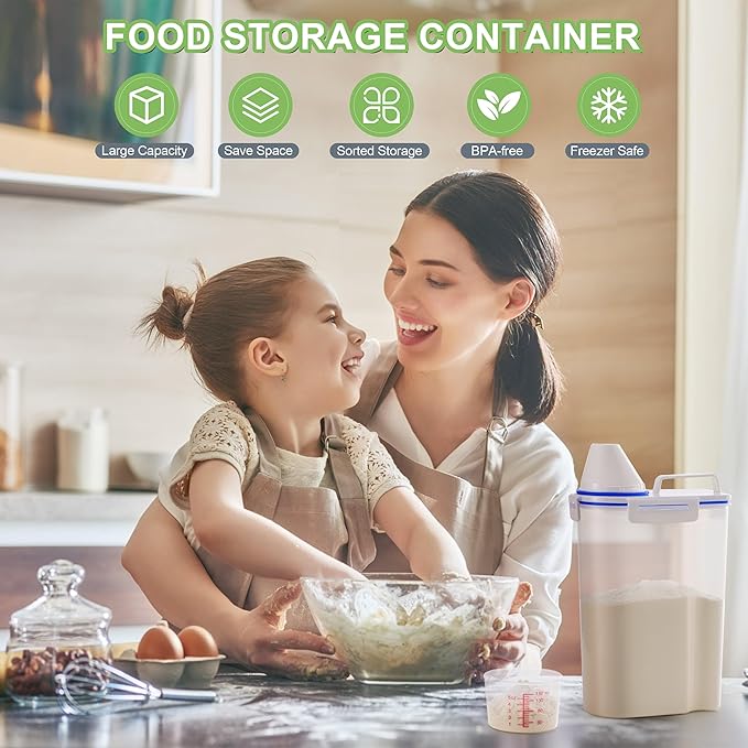 2 Pcs 5.5Lbs Rice Dispenser Storage Containers, Rice Container with Measuring Cup & Pour Spout, Kitchen Plastic Airtight Container for Cereal, Grain, Flour, Sugar, Oatmeal, Dry Pet Dog Food-NeatNest