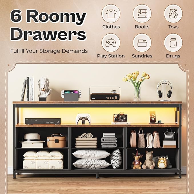 Huuger LED TV Stand for Bedroom, 55 Inch Fabric Dresser with Power Outlets, Entertainment Center for 60, 55 Inch TV, 6 Drawer Dresser for Bedroom, Chest of Drawers with Shlef, PU Leather, Rustic Brown-NeatNest