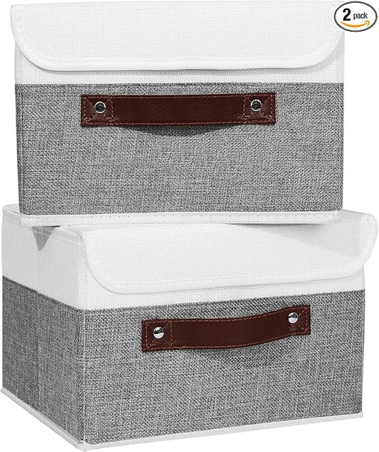 ANMINY 2PCS Storage Boxes with Lid Washable Decorative Storage Bins Basket with PU Leather Handle Foldable Linen Fabric Storage Cubes Containers for Home Closet Organizer - Gray White, Small Size-NeatNest