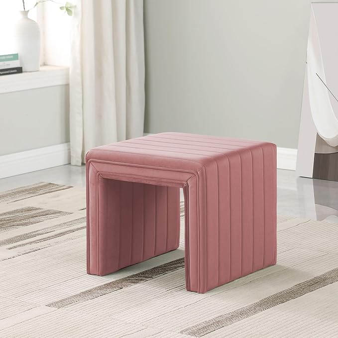 HomePop Modern Channel Tufted Velvet Ottoman Home Décor|Ottoman for Living Room & Bedroom - Blush Pink