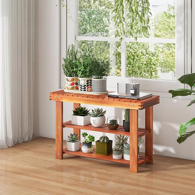 Tangkula Acacia Wood Shoe Rack Bench, 3 Tier Sturdy Storage Organizer, Holds up to 180lbs for Entryway Bedroom Living Room Balcony, Teak Color (27.5-inch)-NeatNest