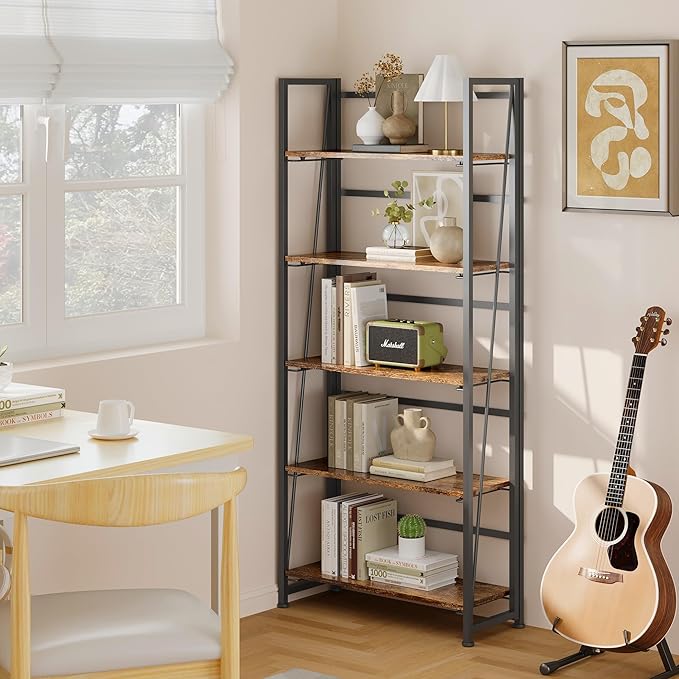 BHG Vintage Multifunctional Folding Bookshelf, No-Assembly Plant Stand Storage Rack Shelves for Home Office (Fire, 5-Tier)-NeatNest