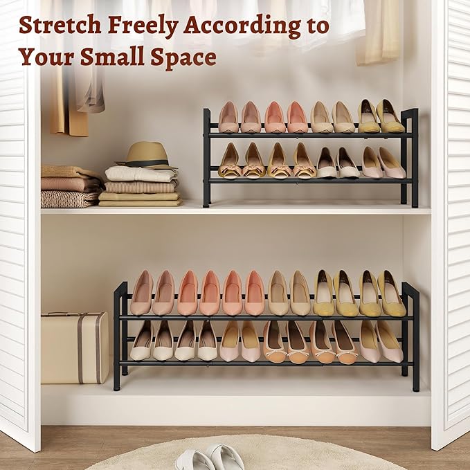 FAVOOSTY 2-Tier Expandable Shoe Rack, Adjustable Shoe Shelf Storage Organizer Space Saving Metal Free Standing Shoe Rack for Entryway Closet Doorway, Black-NeatNest