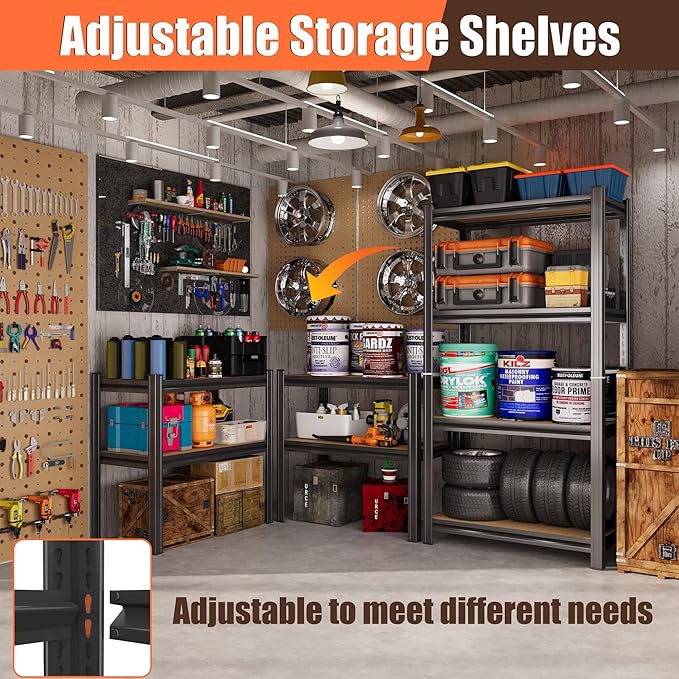 4 Tier Garage Shelving Wood Storage Shelves 4000 lb Load Capacity Adjustabl Shelf Units 45.6" H*23.6" W*11.8" D Metal Shelving Suitable for Basement Warehouse Pantry,Black
