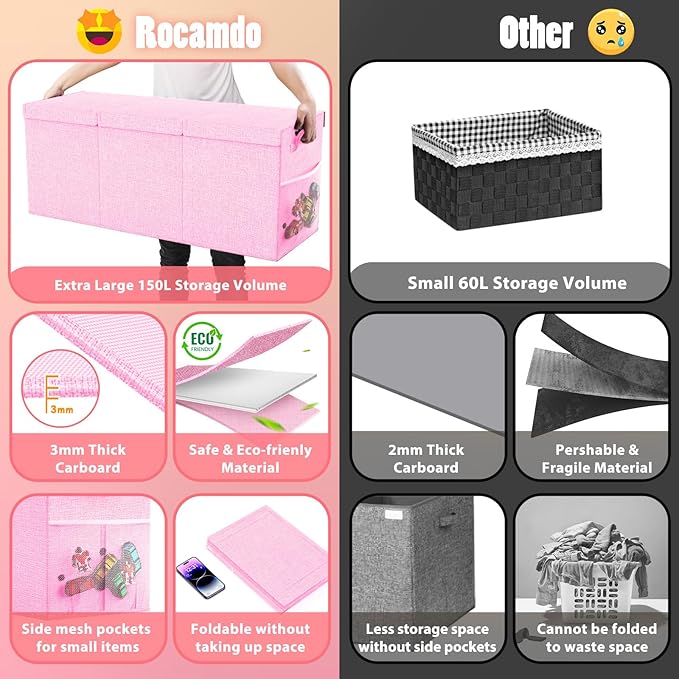 Extra Large Toy Storage Box with Lid Divider, Sturdy Collapsible Toys Organizer Chest Kids Storage Bins Boxes Baskets for Boys, Girls, Nursery, Bedroom, Living Room, Playroom, 40"x14"x16", Pink