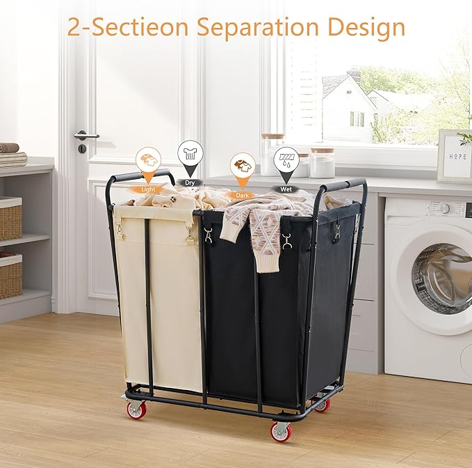 Hoctieon 2 Section Laundry Sorter Cart, 400L Rolling Hamper with Wheels, Industrial Laundry Basket Organizer, Extra Large Dirty Clothes Hamper for Home & Hotel, Heavy Duty, Black+Beige-NeatNest