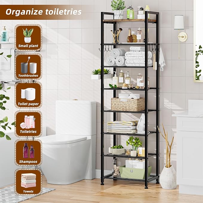Simple Trending 8 Tiers Shoe Rack 16 Pairs Tall Wooden Plank Shoe Shelf with Hooks for Closet Entryway Organizer Sturdy Free Standing Shoe Storage Cabinet，Black-NeatNest