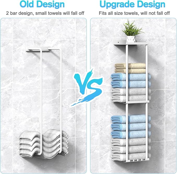 Towel Rack for Bathroom, Wall Mounted Vertical Rolled Towel Storage Organizer Holder with Shelf, Holds Up 6 Large Bath Sheets, White