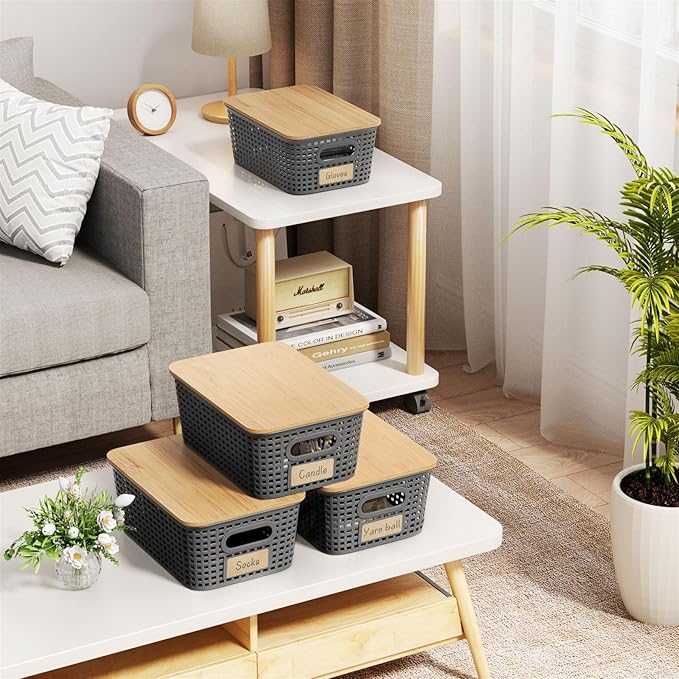 6-Pack Stackable Storage Bins with Bamboo Lids, Small 5 Qt Decorative Plastic Storage Baskets Boxes Containers with Labels for Organizing Shelves Classroom Closet Office Bathroom, Grey-NeatNest