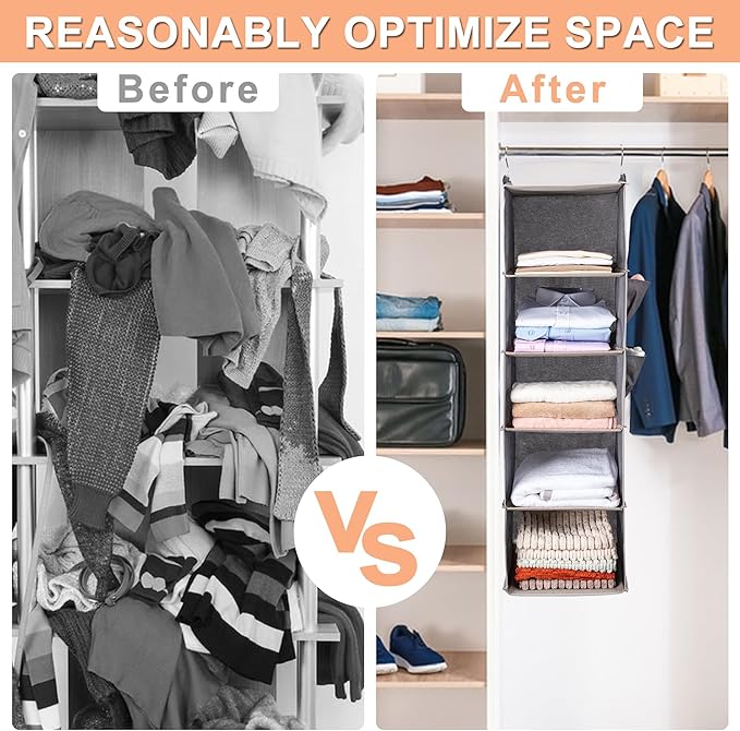 BOOMIBOO Hanging Closet Organize and Shelves，5-Hanging Shelf with 2 Side Pockets，Storage Foldable （Beige）-NeatNest