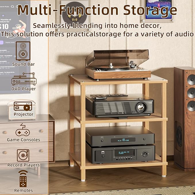 3-Tier AV Media Player Stand, Natural Stereo Cabinet, Modern Audio Shelf, Wooden TV Stand,Game Console Shelf, Multifunctional Entertainment Center, Suitable for Home, Conference Room, Game Studio-NeatNest