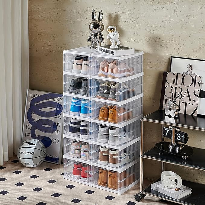 Foldable Shoe Rack Collapsible Storage Box Size up to 14, Stackable Plastic Bins Tote with Lids Organizing Installation Free Clear Dustproof 6-Tiers-NeatNest