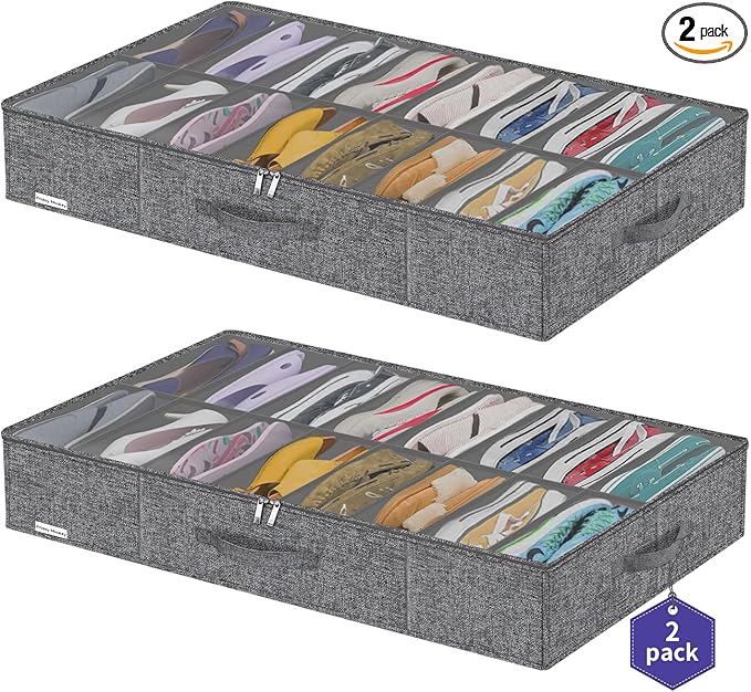 Heavy Duty Shoe Storage Boxes Fit 16x2 Pairs, Foldable Shoe Organizer for Closet Underbed, Space Saving Sneaker Container Bin Holder, 37.8"x23.6"x5.9", Cotton-like Grey, ZMXGUBS16P2-NeatNest
