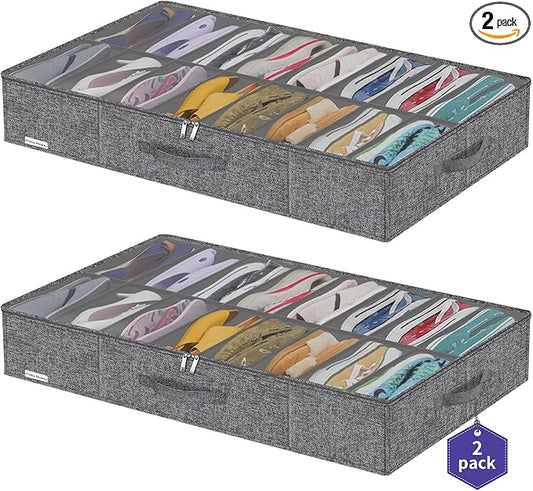 Heavy Duty Shoe Storage Boxes Fit 16x2 Pairs, Foldable Shoe Organizer for Closet Underbed, Space Saving Sneaker Container Bin Holder, 37.8"x23.6"x5.9", Cotton-like Grey, ZMXGUBS16P2-NeatNest