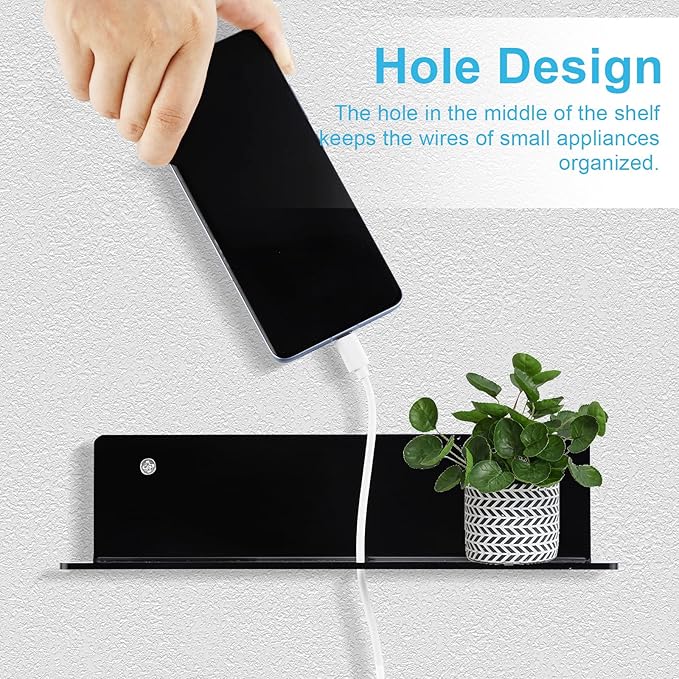 9 Inch Acrylic Floating Shelf No Drill Adhesive Wall Shelf Set of 2 for Funko Pop Storage, Floating Shelves Damage-Free Expand Wall Space for Living Room, Bathroom, Gaming Room, Office - Black