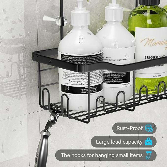 BYT Shower Caddy Hanging, Organizer Hanging for Bathroom, Shower Basket with Hooks, Shower Storage, Shelf, Rack No Drilling for Faucet or Cross Bar (Black)