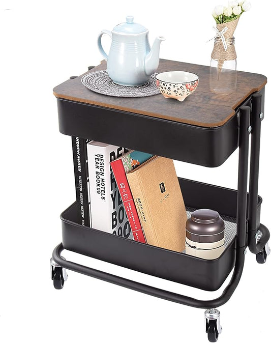 Melody House 2 Tier Metal Utility Rolling Cart Storage Organizer with Cover Board, Mobile Trolley Sofa Side Table with Wheels for Office Home Kitchen Organization, Black