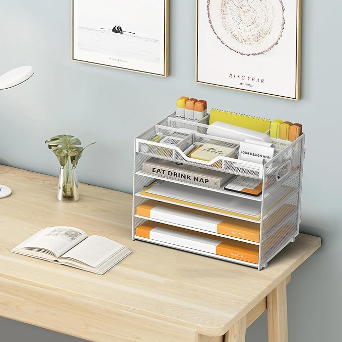5 Tier Paper Letter Tray with 3 Drop-in Pen Holders, Mesh Desk File Organizer with Handle, Desk Organizers and Accessories for School,Home, Office Supplies Storage-White-NeatNest