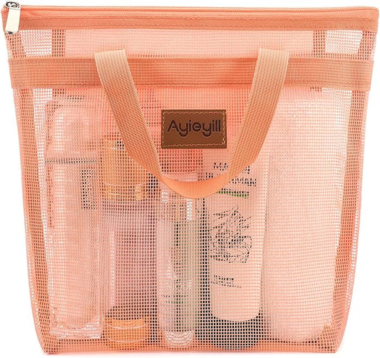 Ayieyill Shower Caddy Portable, Mesh Shower Caddy Tote Bag Quick Dry Hanging Toiletry and Bath Organizer for College Dorm, Gym, Beach, Travel or Camping with Zipper (A-Coral Pink)-NeatNest