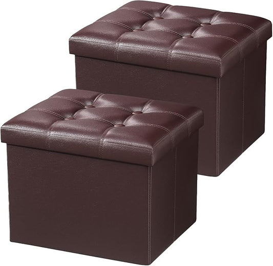 AmasSmile Storage Ottoman Folding Foot Rest Stool, Leather Footstool Bench, Short Ottoman Stool, Storage Foot Rest Store, Books (Brown-2pc, 17" D x 13" W x 13" H)-NeatNest
