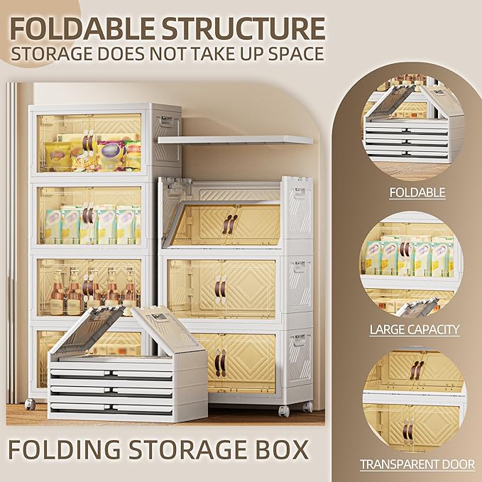 340 QT / 85 Gal Magnetic Door Storage Bins Collapsible Stackable w/1 Lid, Heavy Duty Plastic Cabinet with Wheels for Home Office Organization (White)-NeatNest