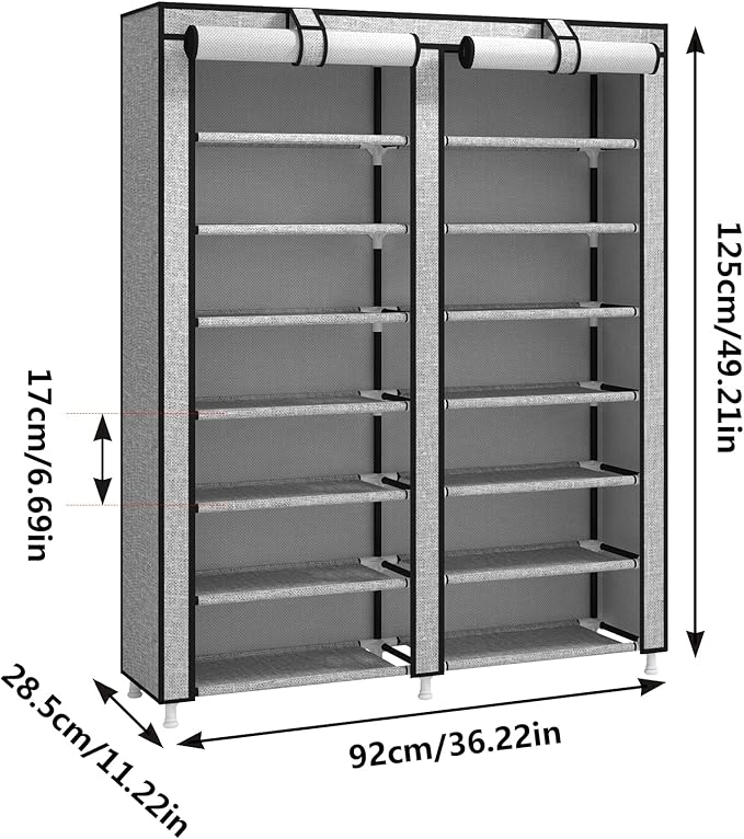 JIUYOTREE 7-Tier Shoe Rack Storage Organizer with Dustproof Cover Closet Cabinet Shelf Holds up to 28 Pairs for Doorway Corridor Balcony Living Room Ash Gray-NeatNest