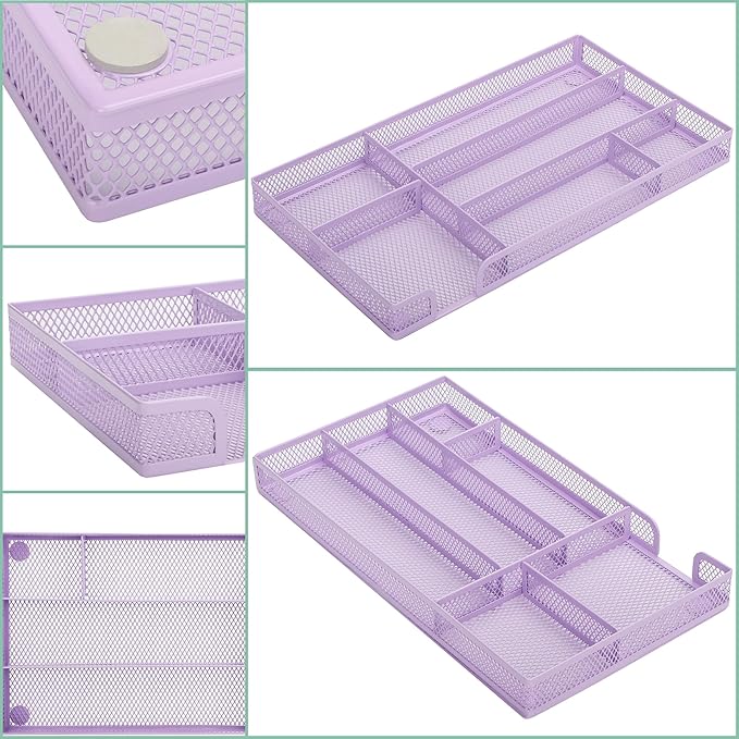 Annova Desk Drawer Organizer/Storage Tray - Metal Mesh with Dividers for Pens, Desktop Accessories, Bathroom, Kitchen, Makeup and Office Supplies (Small, Light Purple)-NeatNest