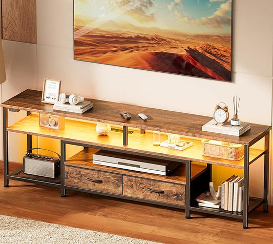 Huuger TV Stand for 65, 70 Inch TV, Entertainment Center with Power Outlets and LED Lights, TV Console for Living Room, Media Console with Drawers and Shelves, Rustic Brown-NeatNest