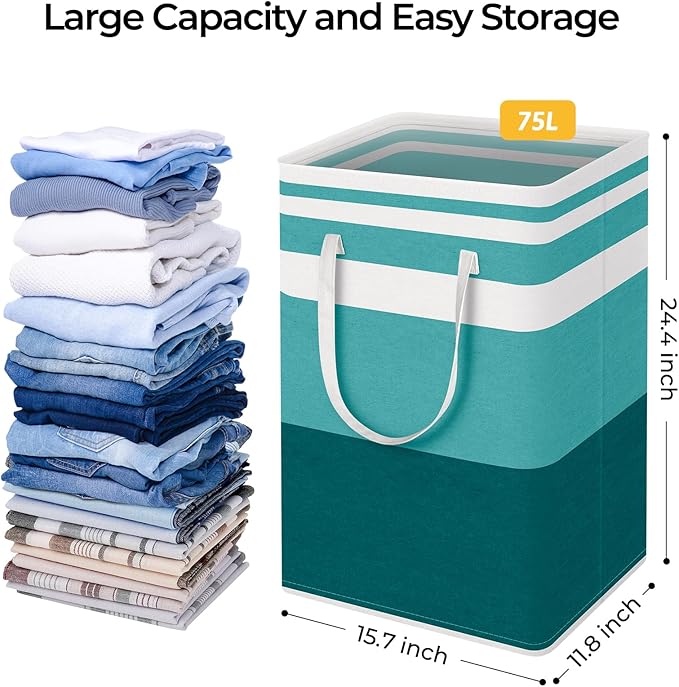 HomeHacks 2-Pack Large Laundry Basket, Waterproof, Freestanding Laundry Hamper, Collapsible Tall Clothes Hamper with Extended Handles for Clothes Toys in the Dorm and Family (Green, 75L)-NeatNest