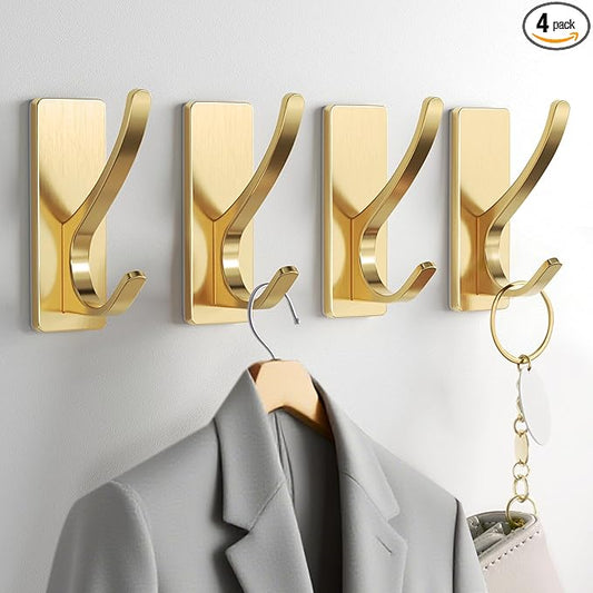 Gold Self Adhesive Towel Hooks, Extra Sticky and Strong 10LB, Stainless Hook for Bathroom, 4 Pack