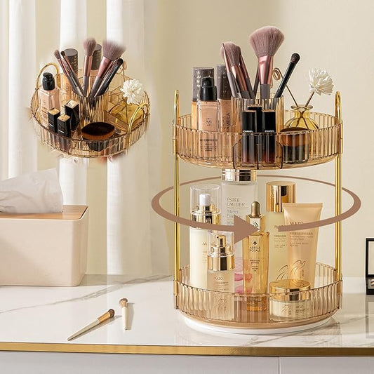 Rotating Makeup Organizer for Vanity, High-Capacity Skincare Clear Make Up Storage Perfume Organizers Cosmetic Dresser Organizer Countertop 360 Spinning (Gold, New-2 Tier)-NeatNest