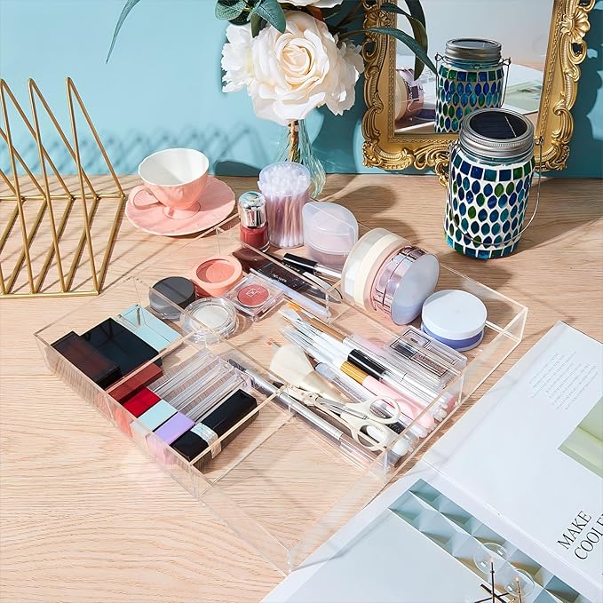 Chunful Clear Drawer Organizer 2 Pieces 6 Section Clear Desk Organizer with Dividers 3 Section Acrylic Makeup Tray Divided Drawer Inserts Sectioned Tray Makeup Storage-NeatNest