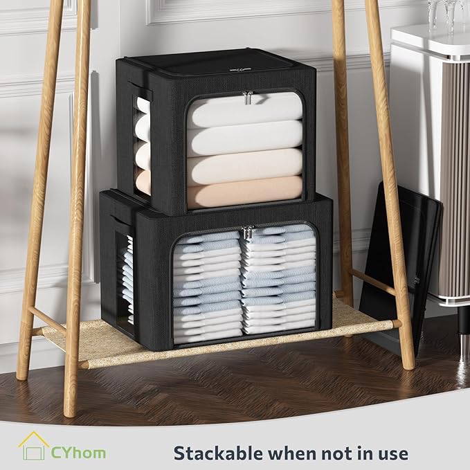3Pack Foldable Storage Bins - Frame Storage Box Linen Fabric Stackable Clothes Container Organizer with Clear Window & Carry Handles Large Capacity (Extra Large-100L, Black)-NeatNest