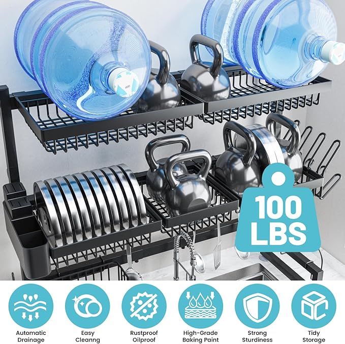 ADBIU Over The Sink Dish Drying Rack (Expandable Height and Length) Snap-On Design 2 Tier Large Dish Rack 31-39.4L x 12W x 34-38H inches