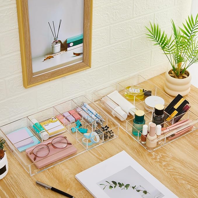 3 Pack Stackable Clear Drawer Organizer Trays 13.7" x 8.7" x 2" Plastic Acrylic Drawer Divider for Desk with 8 Compartments for Pens Paper Clips Sticky Notes Office Bathroom Arrangement