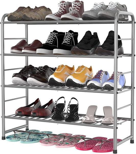 4-Tier Stackable Shoe Rack,Expandable & Adjustable Shoe Organizer Storage Shelf,High Capacity,Wire Grid,Silver-NeatNest